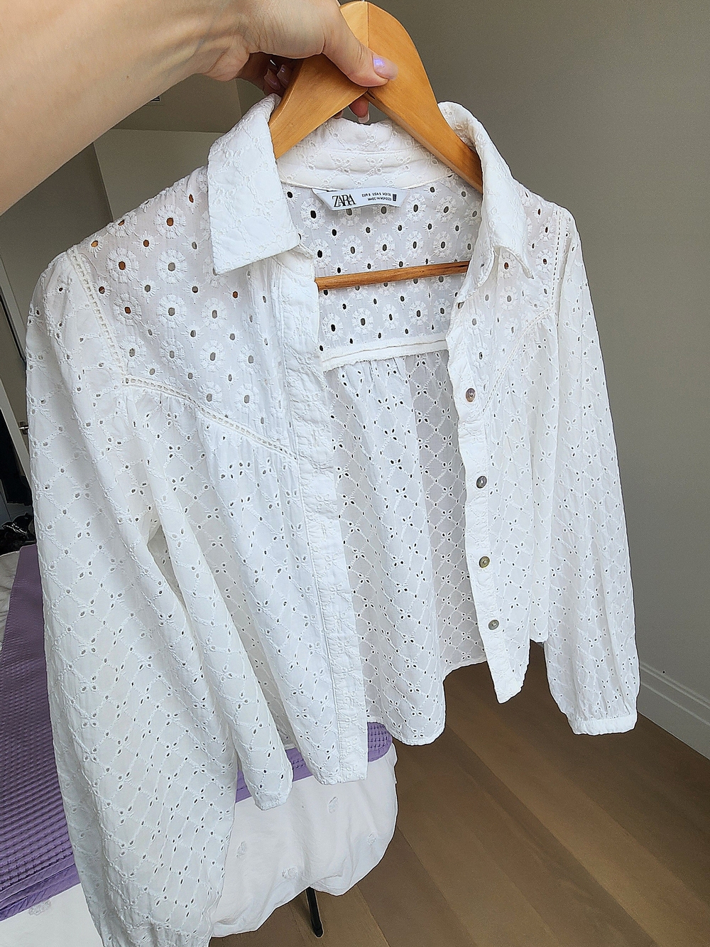 Zara White Eyelet Button-Down Blouse